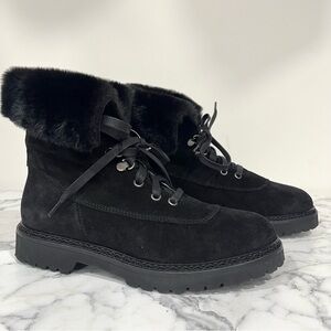 Aquatalia Marly Weatherproof Black Suede Bootie Ankle Boots Faux Fur Size 6.5